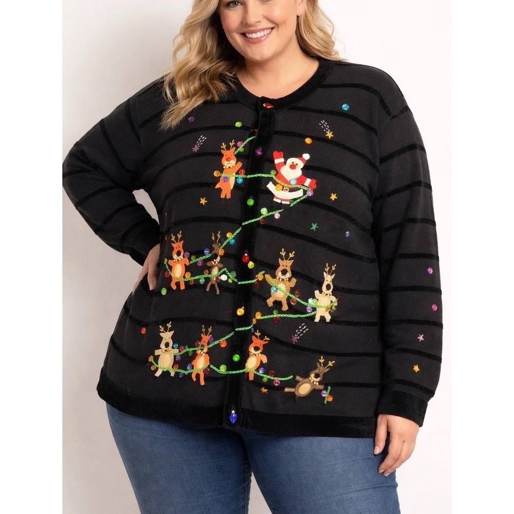 Jack‎ B. Quick Christmas Cardigan Womens Plus Black Excellent Santa Reindeer